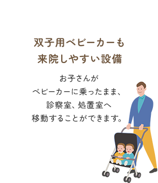 双子用ベビーカーも来院しやすい設備